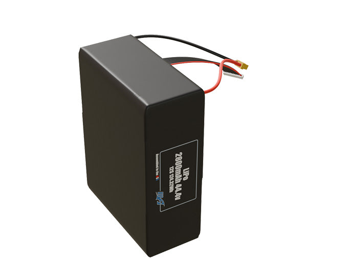 Side-angle render of a 44.4-volt 2800mAh lithium-polymer battery, assembled in the USA for compact UAV, drone, and military robotics platforms.