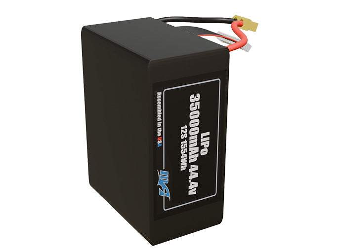 Side-angle render of a 44.4-volt 35000mAh lithium-polymer battery, assembled in the USA for compact UAV, drone, and military robotics platforms.