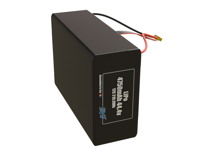 Side-angle render of a 44.4-volt 4750mAh lithium-polymer battery, assembled in the USA for compact UAV, drone, and military robotics platforms.