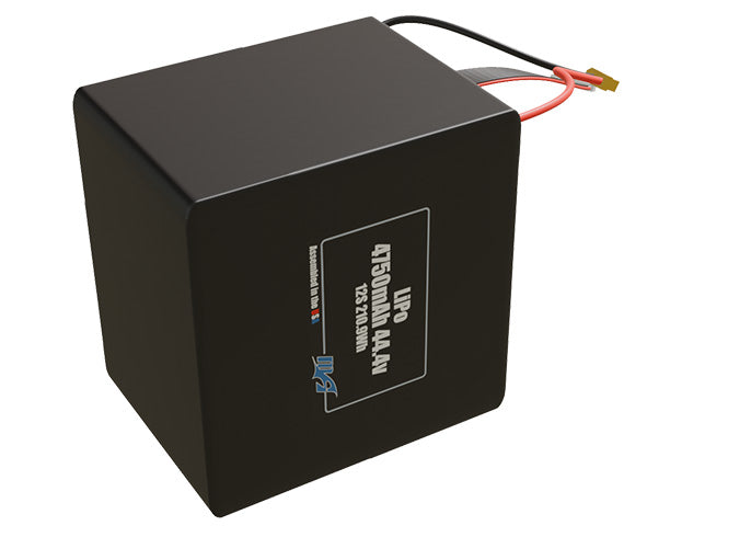 Side-angle render of a 44.4-volt 4750mAh lithium-polymer battery, assembled in the USA for compact UAV, drone, and military robotics platforms.