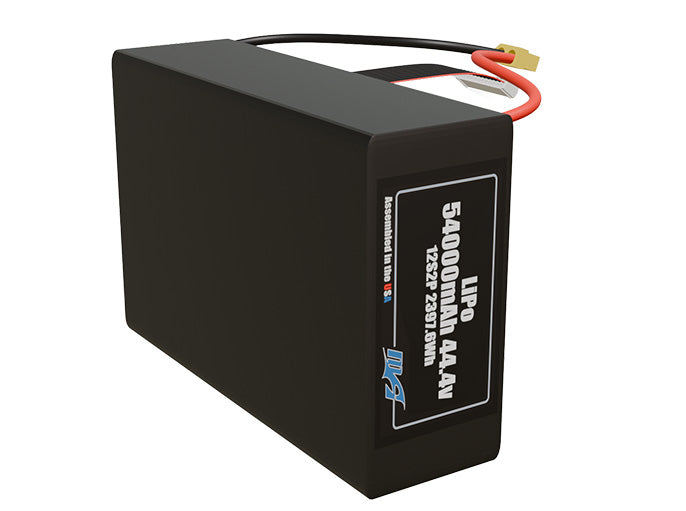 Side-angle render of a 44.4-volt 54000mAh lithium-polymer battery, assembled in the USA for compact UAV, drone, and military robotics platforms.