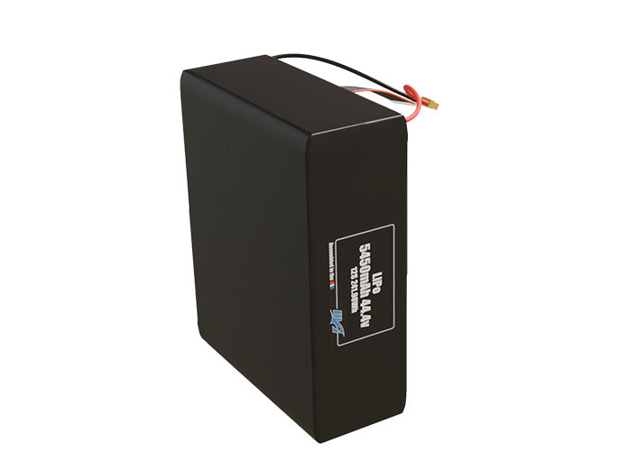 Side-angle render of a 44.4-volt 5450mAh lithium-polymer battery, assembled in the USA for compact UAV, drone, and military robotics platforms.