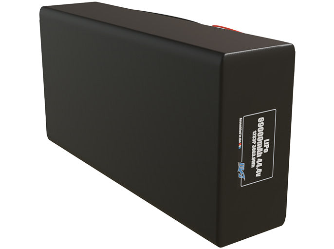 Side-angle render of a 44.4-volt 69000mAh lithium-polymer battery, assembled in the USA for compact UAV, drone, and military robotics platforms.