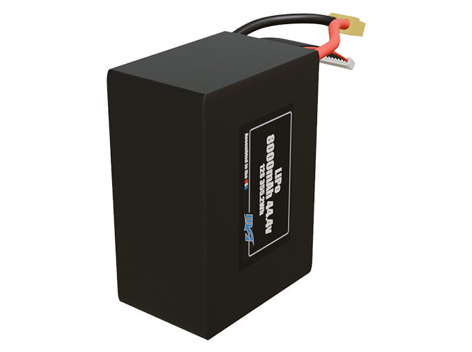 Side-angle render of a 44.4-volt 8000mAh lite side by side lithium-polymer battery, assembled in the USA for compact UAV, drone, and military robotics platforms.