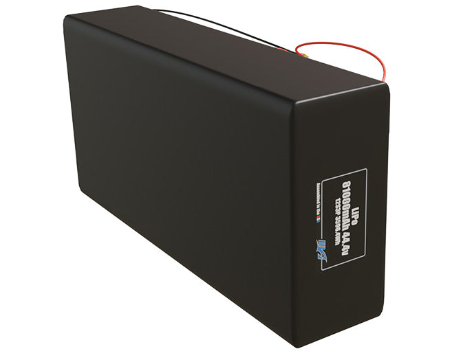 Side-angle render of a 44.4-volt 81000mAh lithium-polymer battery, assembled in the USA for compact UAV, drone, and military robotics platforms.