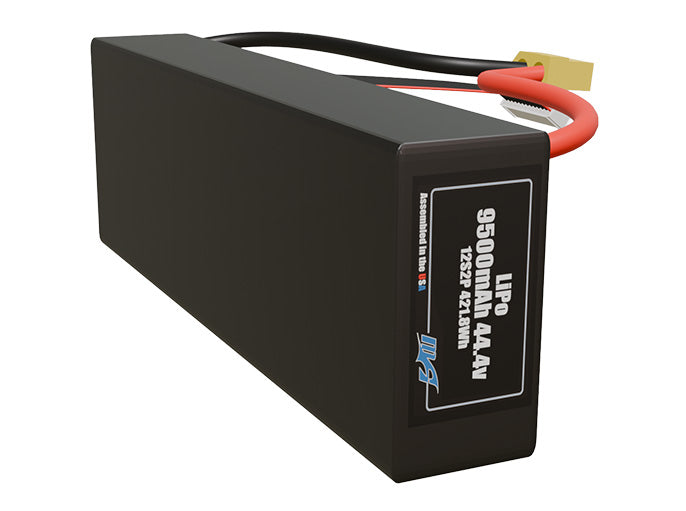 Side-angle render of a 44.4-volt 9500mAh lithium-polymer battery, assembled in the USA for compact UAV, drone, and military robotics platforms.
