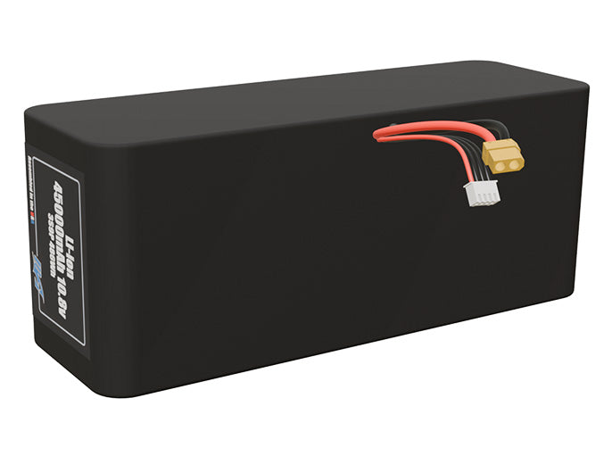 Angled product render of the 45000mAh 27-cell Lithium-ion pack. A lightweight energy source for UAV, drone, and robotic builds.