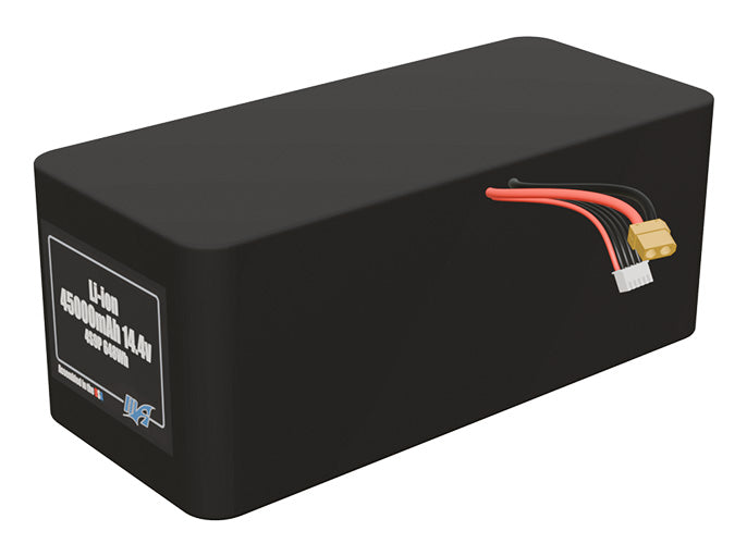 Angled product render of the 45000mAh 36-cell Lithium-ion pack. A lightweight energy source for UAV, drone, and robotic builds.