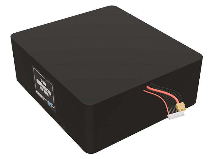 Angled product render of the 45000mAh 90-cell Lithium-ion pack. A lightweight energy source for UAV, drone, and robotic builds.