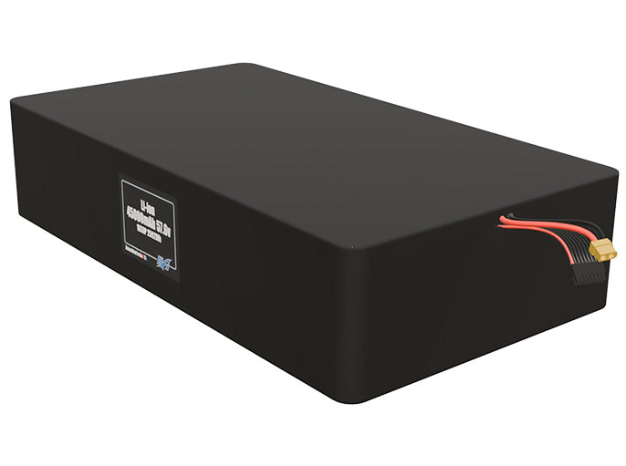 Angled product render of the 45000mAh 144-cell Lithium-ion pack. A lightweight energy source for UAV, drone, and robotic builds.