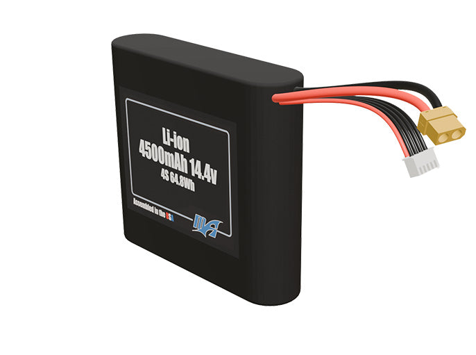 Angled product render of the 4500mAh four-cell Li-ion pack. A lightweight energy source for UAV, drone, and robotic builds.