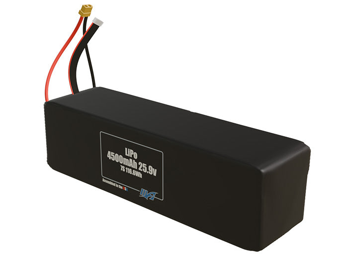 Angled product render of the 4500mAh seven-cell LiPo pack. A lightweight energy source for UAV, drone, and robotic builds.
