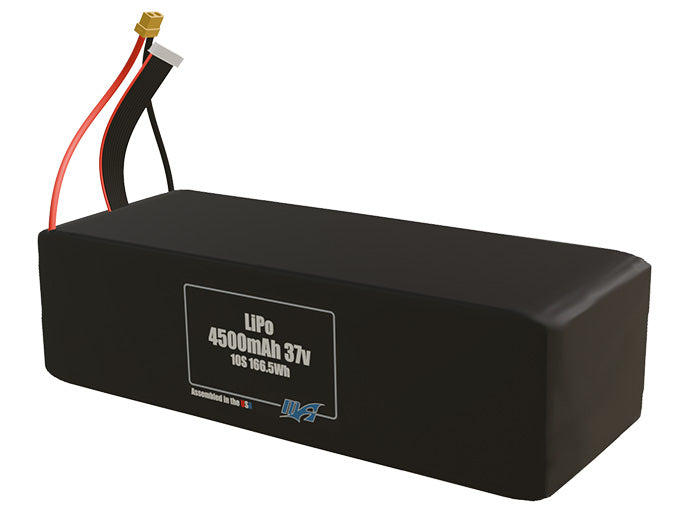 Angled product render of the 4500mAh ten-cell LiPo pack. A lightweight energy source for UAV, drone, and robotic builds.