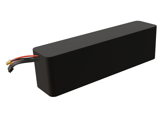 Side-angle render of a 46.8-volt 10500mAh lithium-ion battery, assembled in the USA for compact UAV, drone, and military robotics platforms.