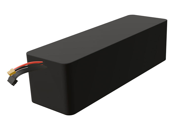 Side-angle render of a 46.8-volt 14000mAh lithium-ion battery, assembled in the USA for compact UAV, drone, and military robotics platforms.