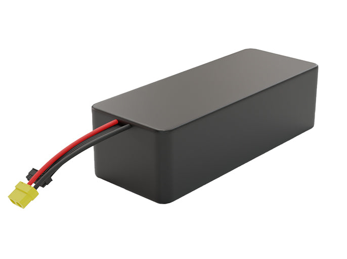 Side-angle render of a 46.8-volt 25000mAh lithium-ion battery, assembled in the USA for compact UAV, drone, and military robotics platforms.