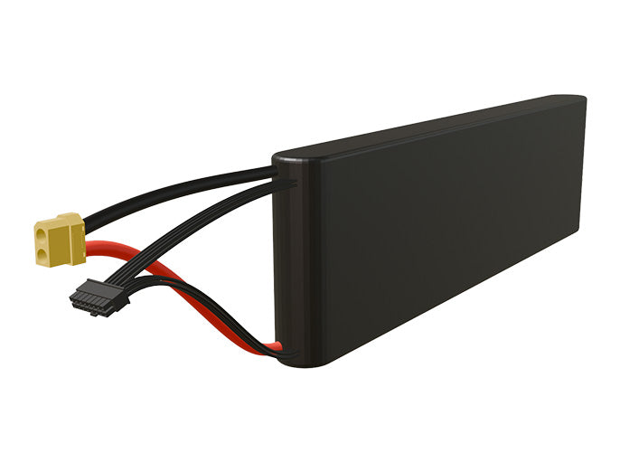 Side-angle render of a 46.8-volt 3500mAh lithium-ion battery, assembled in the USA for compact UAV, drone, and military robotics platforms.