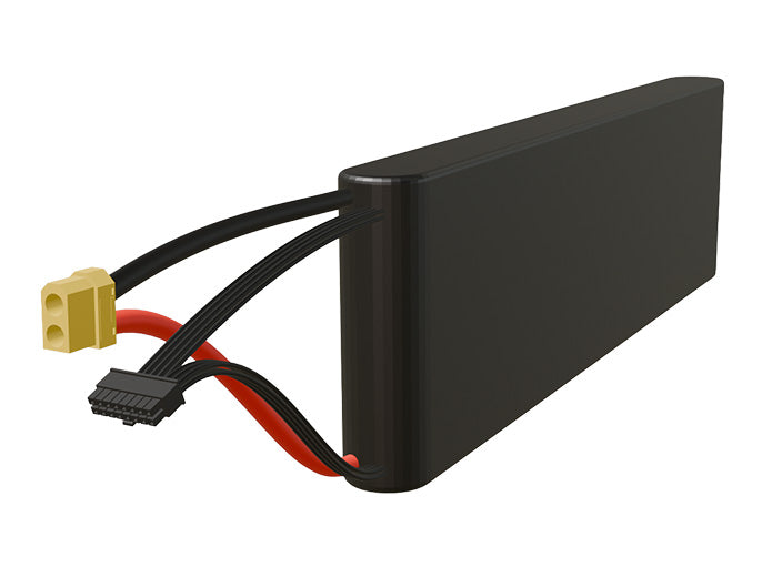 Side-angle render of a 46.8-volt 4500mAh lithium-ion battery, assembled in the USA for compact UAV, drone, and military robotics platforms.