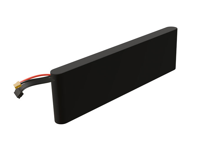 Side-angle render of a 46.8-volt 5000mAh lithium-ion battery, assembled in the USA for compact UAV, drone, and military robotics platforms.