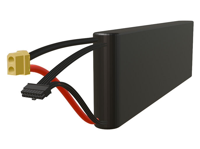 Side-angle render of a 46.8-volt 5000mAh lithium-ion battery, assembled in the USA for compact UAV, drone, and military robotics platforms.