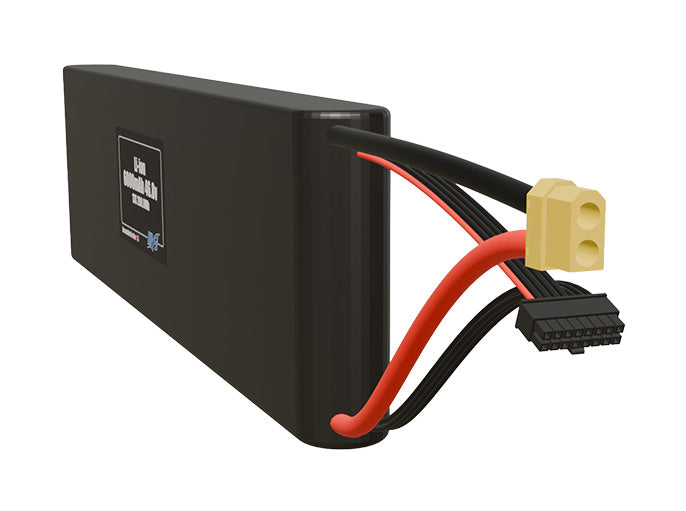Side-angle render of a 46.8-volt 6000mAh lithium-ion battery, assembled in the USA for compact UAV, drone, and military robotics platforms.