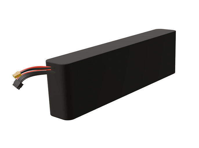 Side-angle render of a 46.8-volt 7000mAh lithium-ion battery, assembled in the USA for compact UAV, drone, and military robotics platforms.