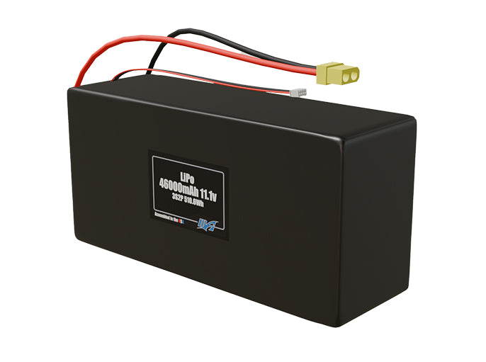 Angled product render of the 46000mAh 6-cell LiPo pack. A lightweight energy source for UAV, drone, and robotic builds.