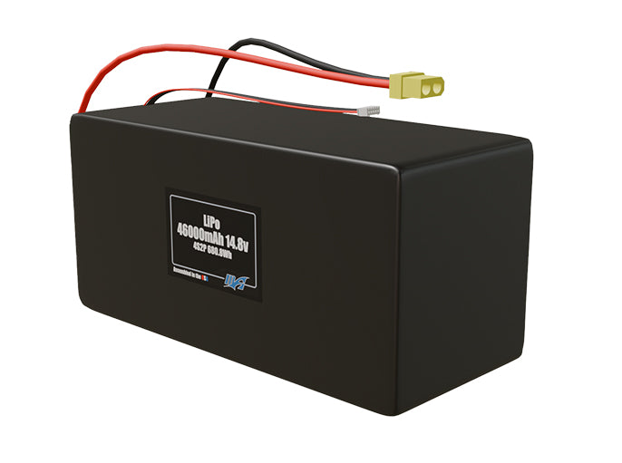 Angled product render of the 46000mAh 8-cell LiPo pack. A lightweight energy source for UAV, drone, and robotic builds.