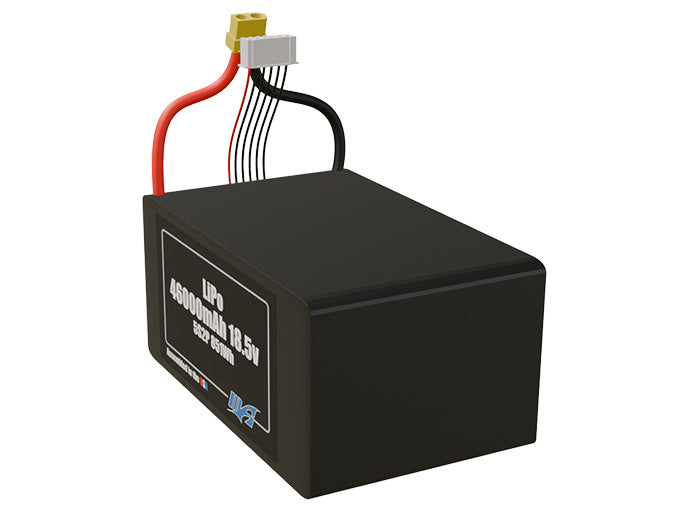 Angled product render of the 46000mAh 10-cell LiPo pack. A lightweight energy source for UAV, drone, and robotic builds.