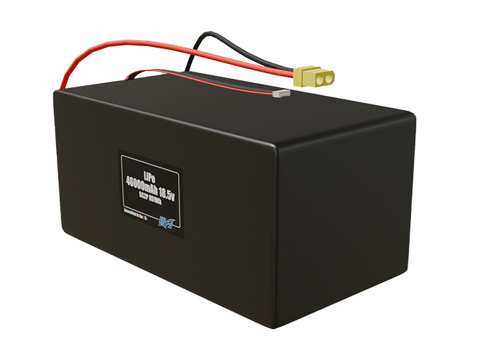 Angled product render of the 46000mAh 10-cell LiPo pack. A lightweight energy source for UAV, drone, and robotic builds.