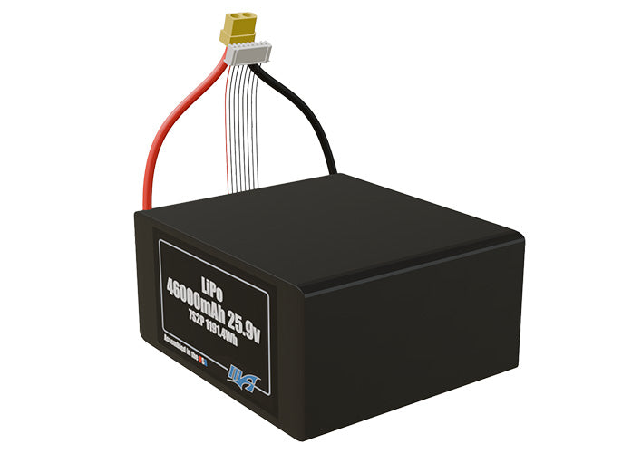 Angled product render of the 46000mAh 14-cell LiPo pack. A lightweight energy source for UAV, drone, and robotic builds.