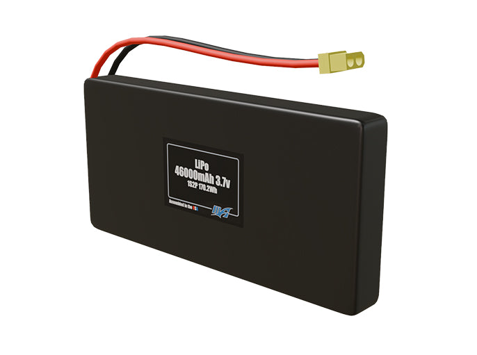 Angled product render of the 46000mAh 2-cell LiPo pack. A lightweight energy source for UAV, drone, and robotic builds.