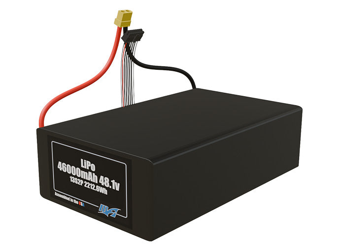 Angled product render of the 46000mAh 26-cell LiPo pack. A lightweight energy source for UAV, drone, and robotic builds.