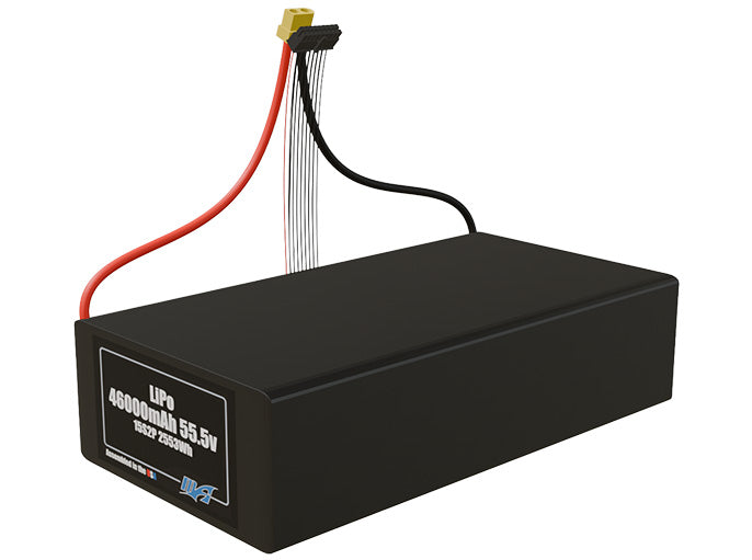 Angled product render of the 46000mAh 30-cell LiPo pack. A lightweight energy source for UAV, drone, and robotic builds.
