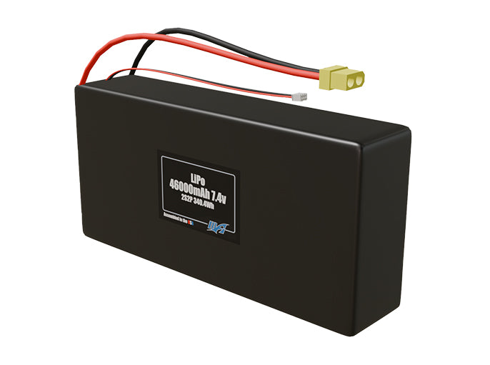 Angled product render of the 46000mAh 4-cell LiPo pack. A lightweight energy source for UAV, drone, and robotic builds.
