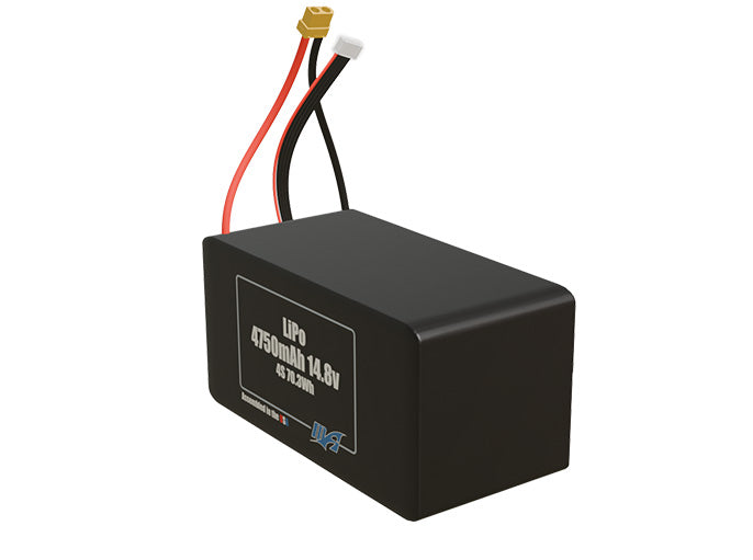 Angled product render of the 4750mAh four-cell LiPo pack. A lightweight energy source for UAV, drone, and robotic builds.