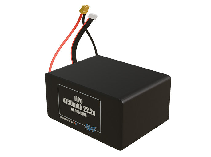 Angled product render of the 4750mAh six-cell LiPo pack. A lightweight energy source for UAV, drone, and robotic builds.