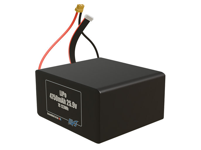 Angled product render of the 4750mAh seven-cell LiPo pack. A lightweight energy source for UAV, drone, and robotic builds.