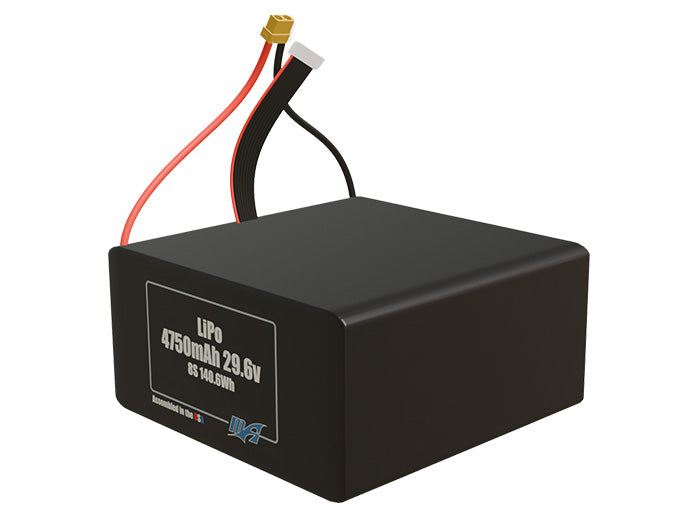 Angled product render of the 4750mAh eight-cell LiPo pack. A lightweight energy source for UAV, drone, and robotic builds.
