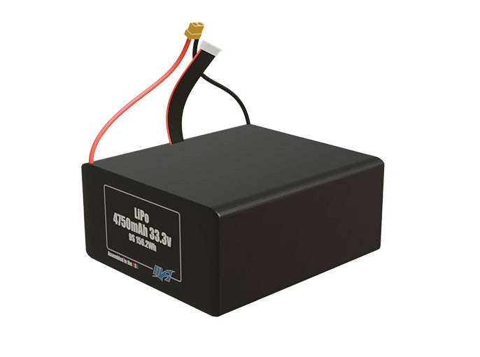 Angled product render of the 4750mAh nine-cell LiPo pack. A lightweight energy source for UAV, drone, and robotic builds.
