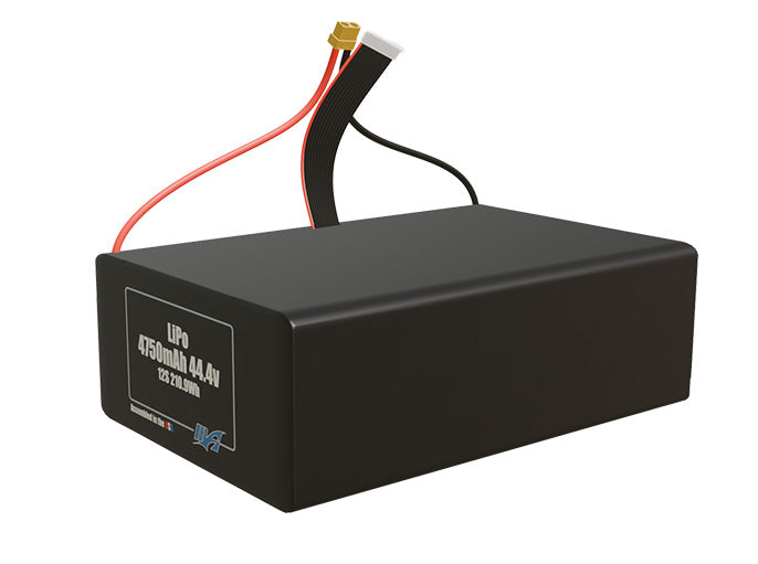 Angled product render of the 4750mAh twelve-cell LiPo pack. A lightweight energy source for UAV, drone, and robotic builds.