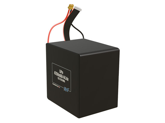 Angled product render of the 4750mAh twelve-cell LiPo pack. A lightweight energy source for UAV, drone, and robotic builds.