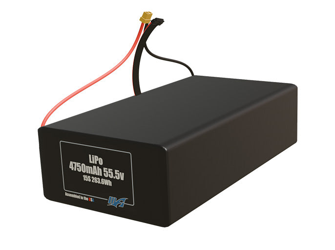 Angled product render of the 4750mAh fifteen-cell LiPo pack. A lightweight energy source for UAV, drone, and robotic builds.