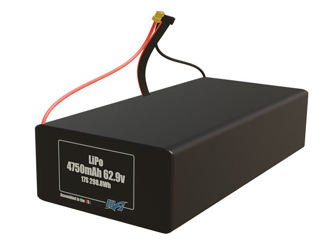 Angled product render of the 4750mAh seventeen-cell LiPo pack. A lightweight energy source for UAV, drone, and robotic builds.