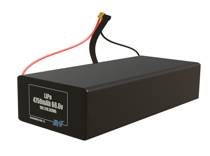 Angled product render of the 4750mAh eighteen-cell LiPo pack. A lightweight energy source for UAV, drone, and robotic builds.