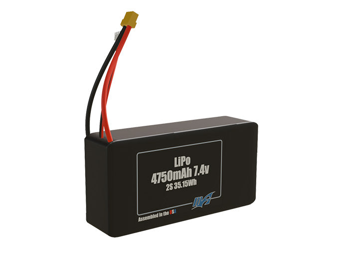 Angled product render of the 4750mAh two-cell LiPo pack. A lightweight energy source for UAV, drone, and robotic builds.