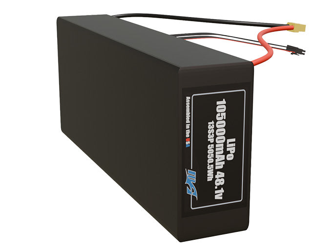 Side-angle render of a 48.1-volt 105000mAh lithium-polymer battery, assembled in the USA for compact UAV, drone, and military robotics platforms.