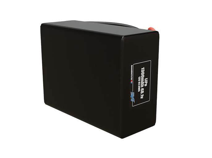 Side-angle render of a 48.1-volt 1300mAh lithium-polymer battery, assembled in the USA for compact UAV, drone, and military robotics platforms.