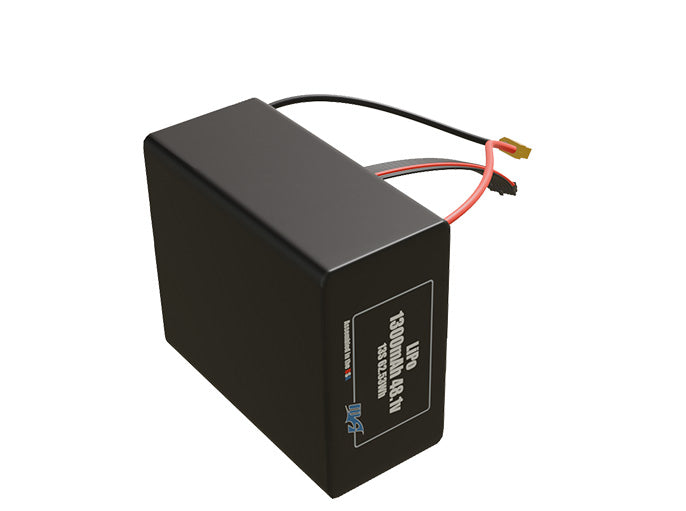 Side-angle render of a 48.1-volt 1300mAh lithium-polymer battery, assembled in the USA for compact UAV, drone, and military robotics platforms.