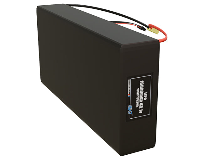 Side-angle render of a 48.1-volt 16000mAh lithium-polymer battery, assembled in the USA for compact UAV, drone, and military robotics platforms.